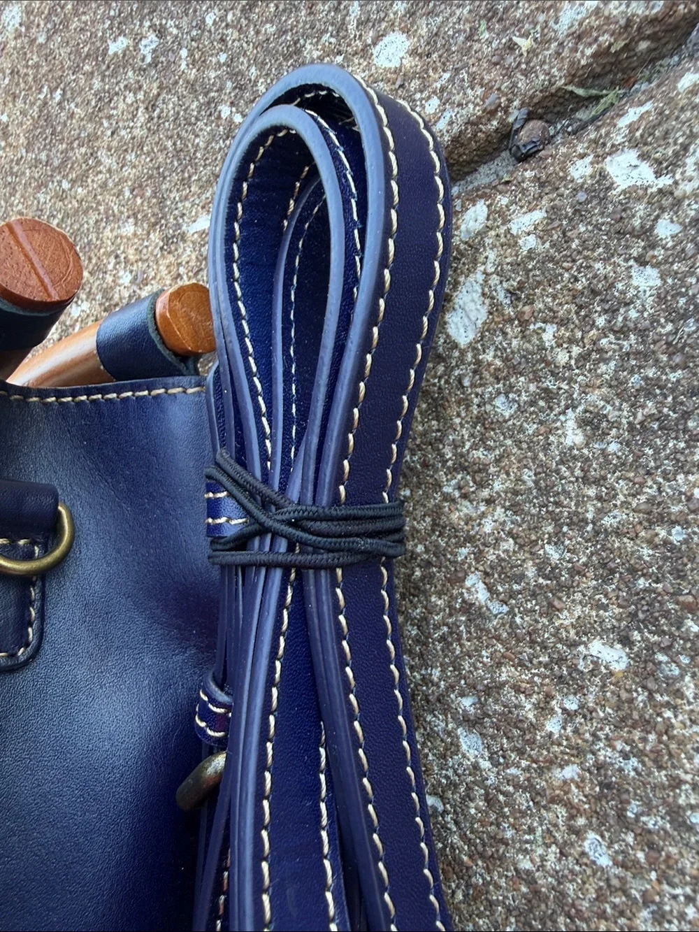 Kayden Plus Navy Leather Top-Handle Crossbody Bag with Wood Accent. NWOT